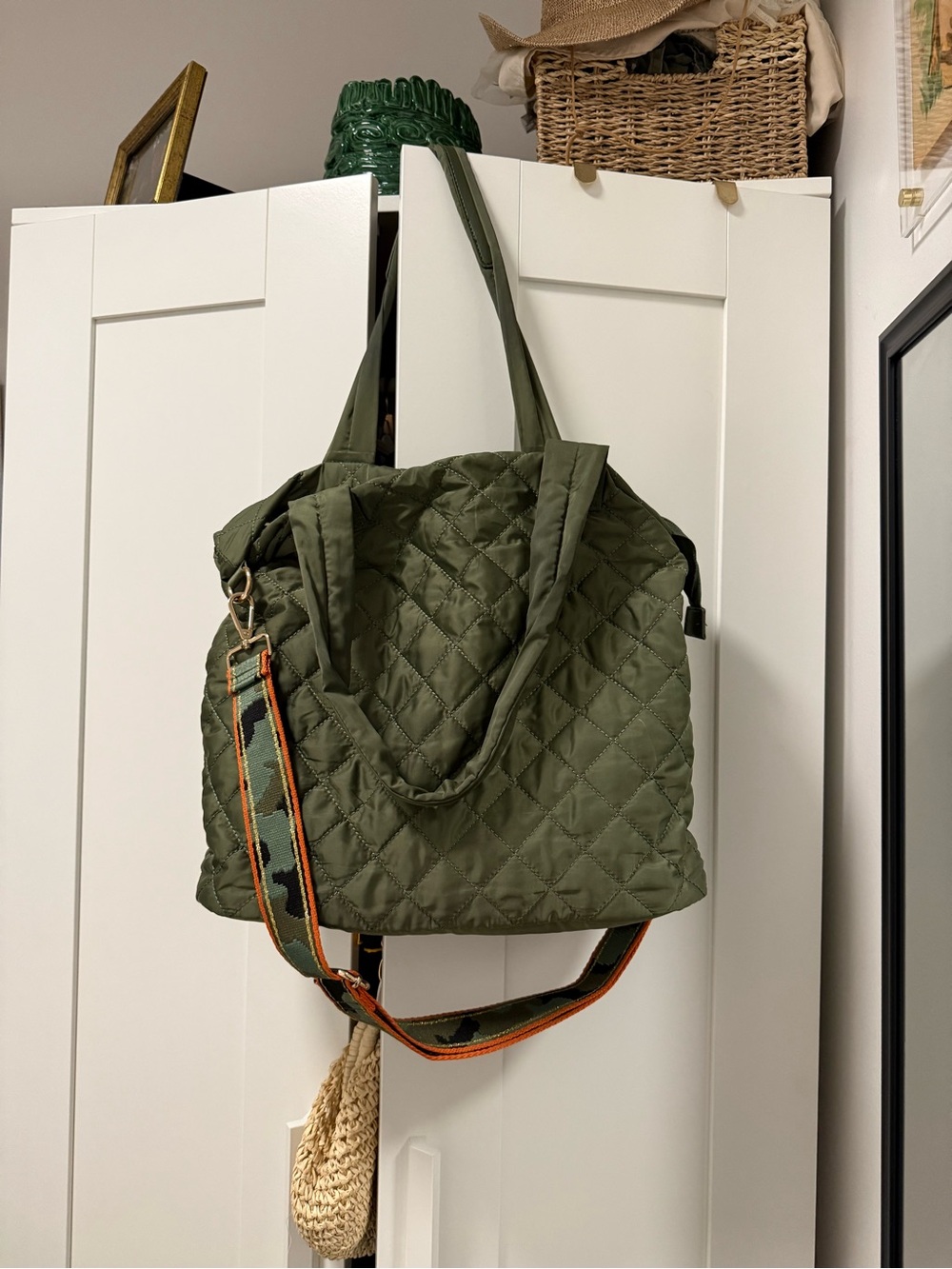 Quilted Olive Green Women's Tote with Detachable Camo Strap